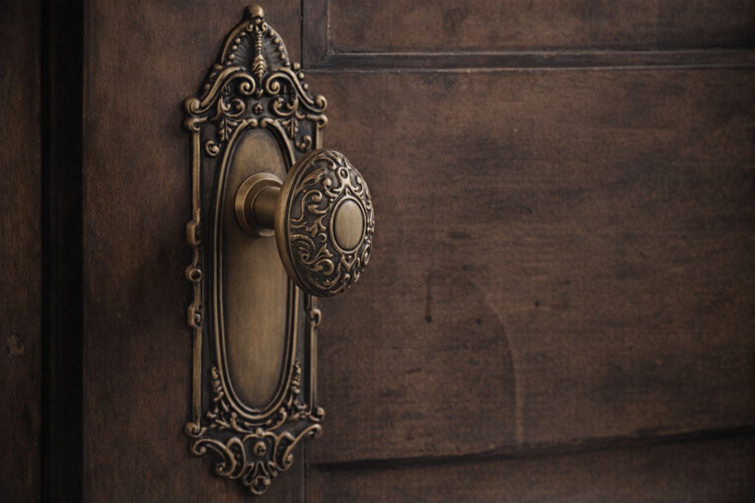 Gros plan sur un bouton de porte ancien en bronze sur une porte en bois sombre.