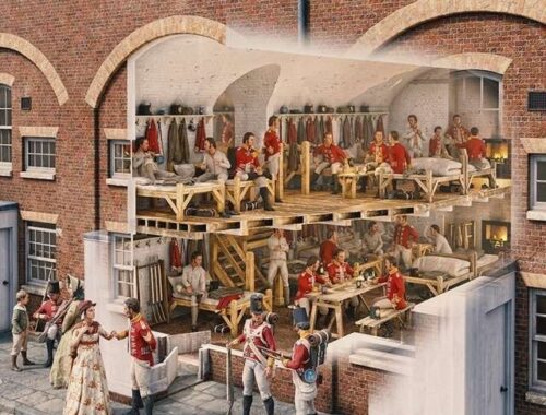 Reconstitution de soldats allemands dans une caserne voûtée du XIXe siècle