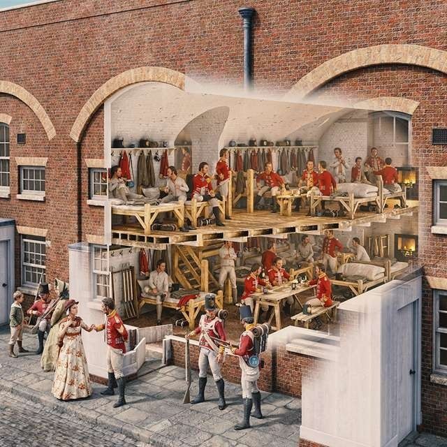 Reconstitution de soldats allemands dans une caserne voûtée du XIXe siècle